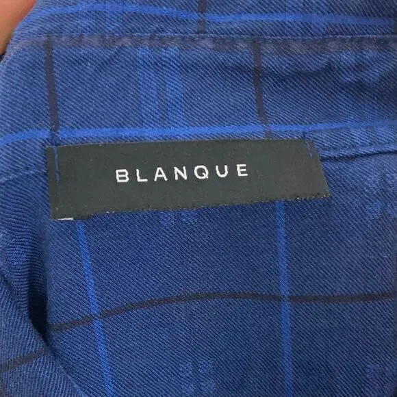 NWOT BLANQUE Top Shirt Tunic One-Size Blue Plaid Button-Up Long-Sleeve Slit-Side